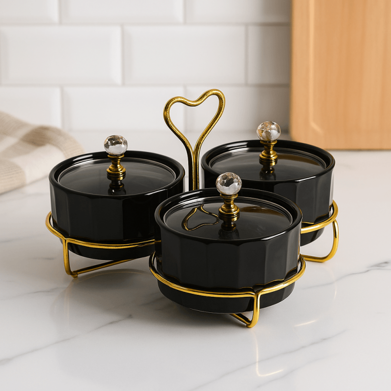 Luxury Black & Gold 3-Piece Heart Condiment Set | Elegant Tabletop Spice & Sauce Organizer