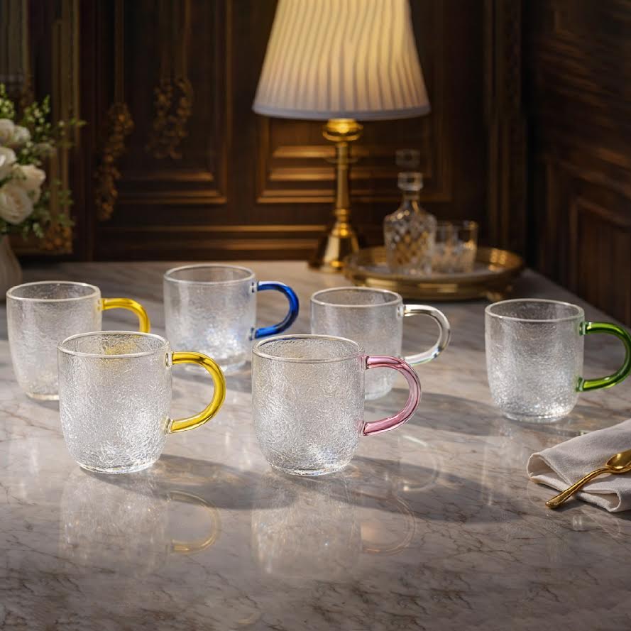 Clear Glass Mug Set of 6 with Color Handle – Modern Tea & Coffee Cups