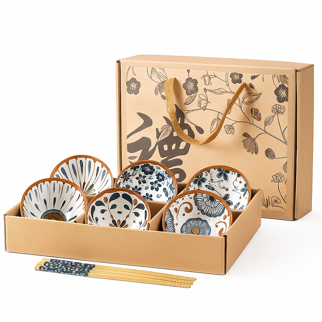 Japanese Floral Ceramic Bowls – Set of 6