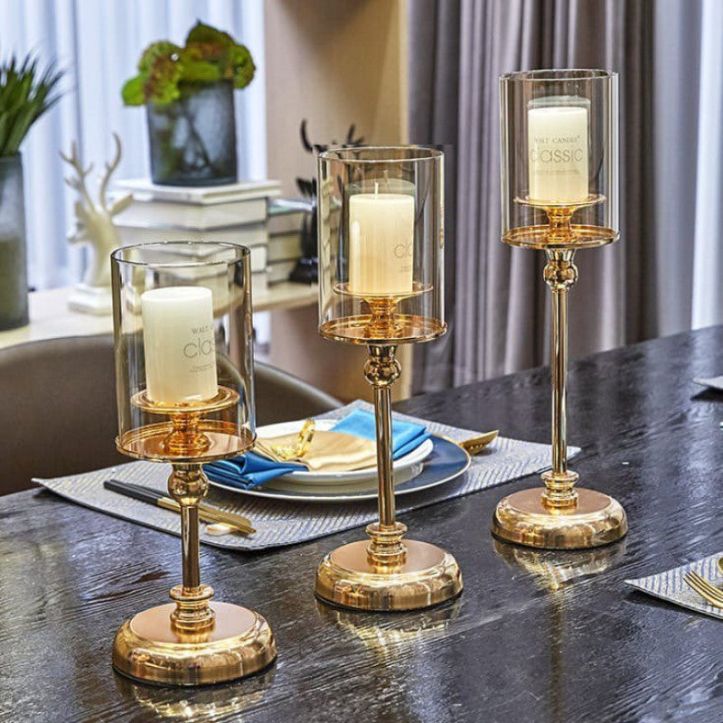 Metal Glass pillar candle stands set