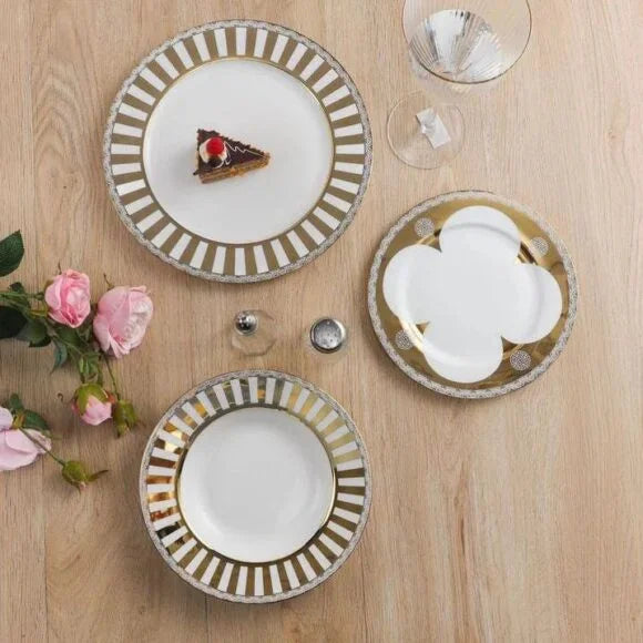 Porcelain Plate Set of 18 (White Gold) | Elegant Luxury Dinnerware Adornia Pakistan