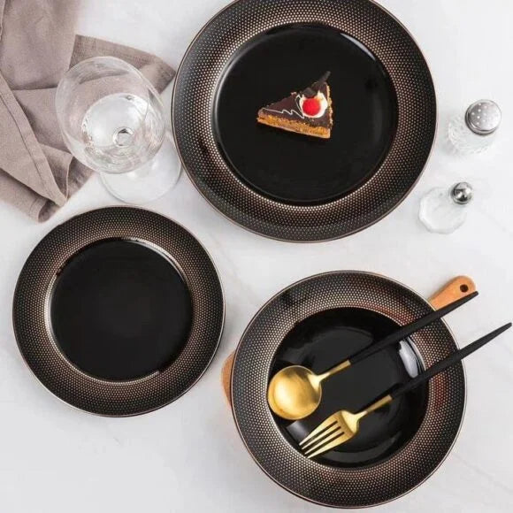 Porcelain Plate Set of 18 (Black Gold) | Luxury Dinnerware Collection Adornia Pakistan