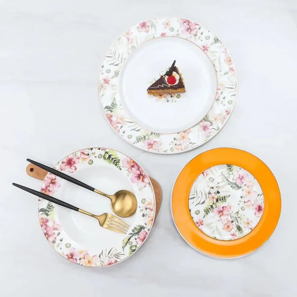 Porcelain Plate Set of 18 Flowers | Elegant Floral Dinner Plates Adornia Pakistan
