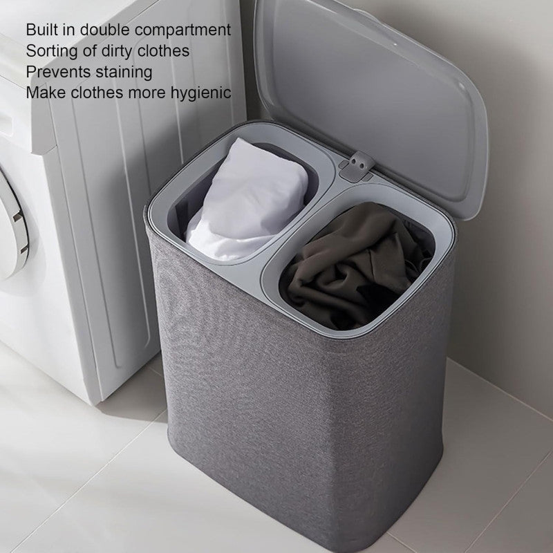 Laundry Basket with Lid, Dual Compartment Design Laundry Hamper, Clothes Basket for Bathroom Laundry