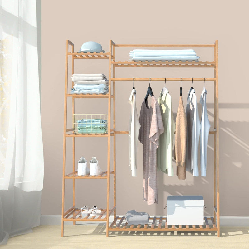 Bamboo Clothing Garment Rack, Free Standing Clothes Coat Hanger, Closet Organizer with Shoe Rack