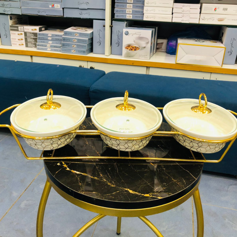 3 Piece ROUND CASSEROLES WITH Golden Stand