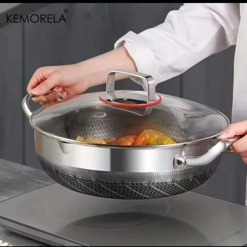 Non-Stick Wok Egg Pan & Stainless Steel Soup Pot Set – Honeycomb Induction & Gas Stove Compatible | Adornia.pk