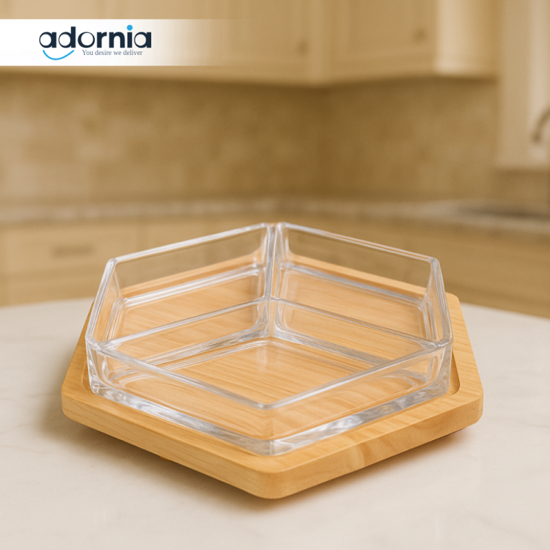 HEXAGON DRY FRUIT & SNACK TRAY – WITH WOODEN BASE 3-COMPARTMENT SERVING BOX