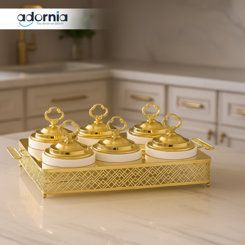 LUXURY GOLD SERVING SET – WHITE CERAMIC BOWLS WITH DECORATIVE HANDLE TRAY - 6 COMPARTMENT
