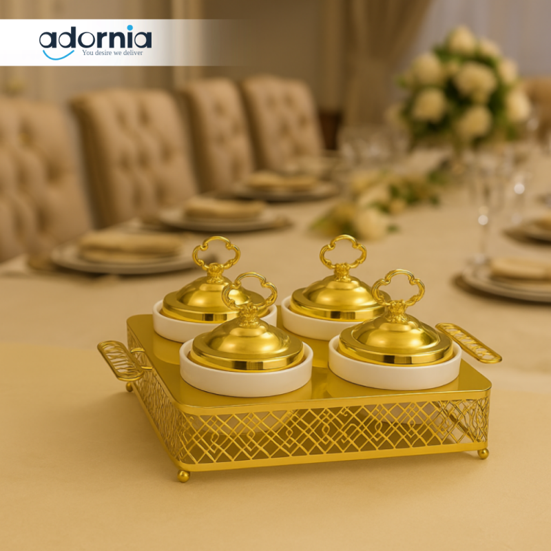 LUXURY GOLD SERVING SET – WHITE CERAMIC BOWLS WITH DECORATIVE HANDLE TRAY - 4 COMPARTMENT