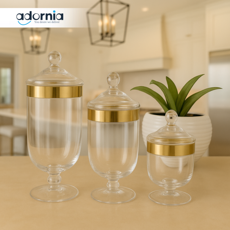 LUXURY APOTHECARY GLASS JAR SET WITH GOLD LIDS – ELEGANT FOOTED STORAGE CONTAINERS FOR CANDY, SNACKS & HOME DECOR