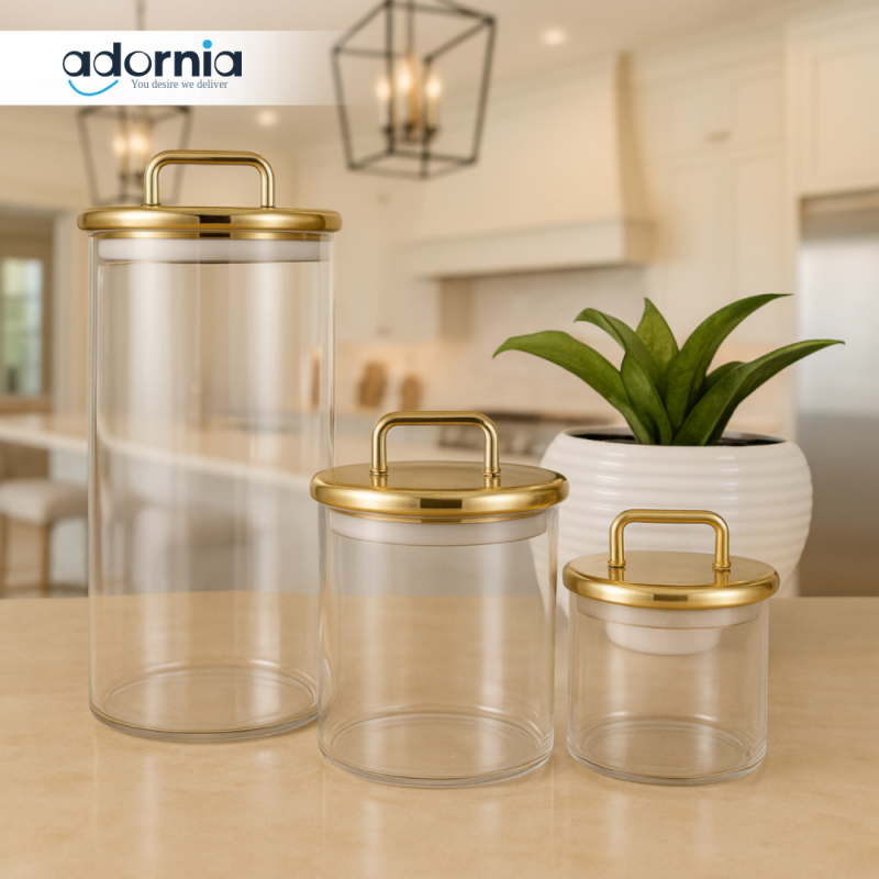 LUXURY GLASS JAR SET WITH GOLD LIDS – ELEGANT KITCHEN STORAGE CONTAINERS FOR DRY FOOD, TEA & SNACKS