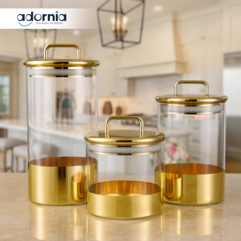 LUXURY GLASS STORAGE JAR SET WITH GOLDEN LID – AIRTIGHT CANISTER CONTAINERS FOR KITCHEN ORGANIZATION & DRY FOOD STORAGE