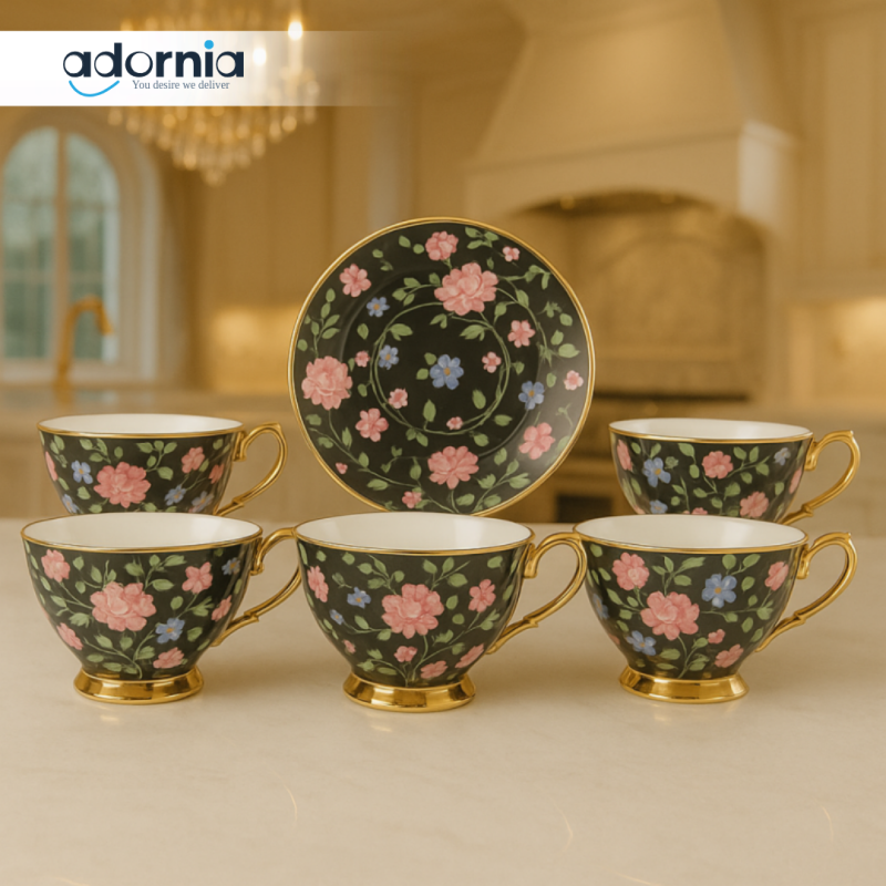 ROYAL ALBERT BLACK FLORAL TEA CUP SET – 12 PIECE GOLD RIMMED PORCELAIN CUPS & SAUCERS
