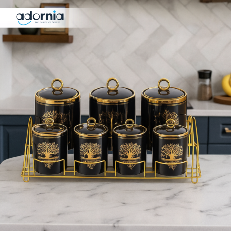 6PIECE LUXURY CERAMIC SPICE JAR SET WITH GOLDEN TREE DESIGN & METAL RACK – PREMIUM KITCHEN STORAGE CONTAINERS - BLACK