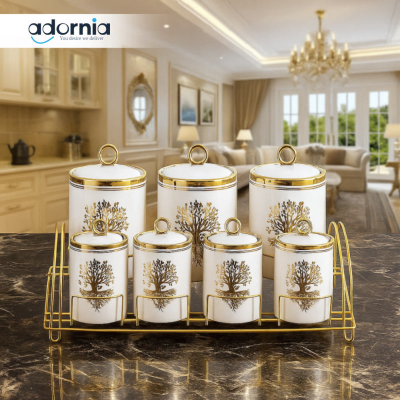 6PIECE LUXURY CERAMIC SPICE JAR SET WITH GOLDEN TREE DESIGN & METAL RACK – PREMIUM KITCHEN STORAGE CONTAINERS - WHITE