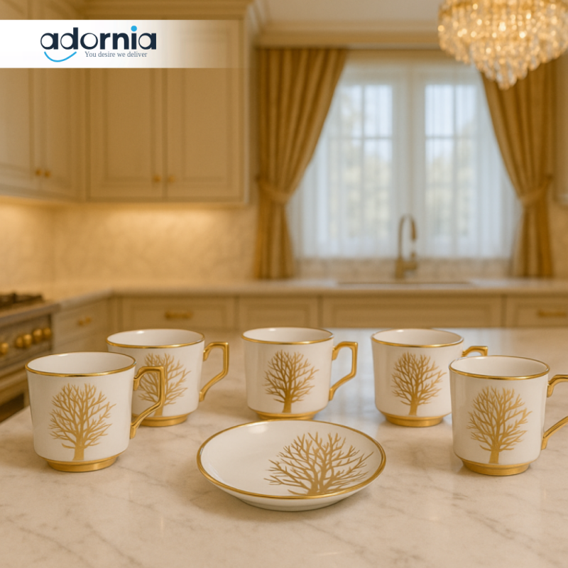 LUXURY GOLD TREE DESIGN TEA CUP SET – 6 PIECE WITH SAUCER | PREMIUM PORCELAIN COFFEE MUGS FOR VILLA KITCHEN DECOR
