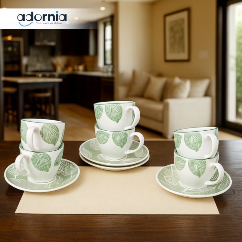 200ML 6PIECE CERAMIC CUP & SAUCER SET – GREEN LEAF DESIGN FOR LUXURY KITCHEN SERVING