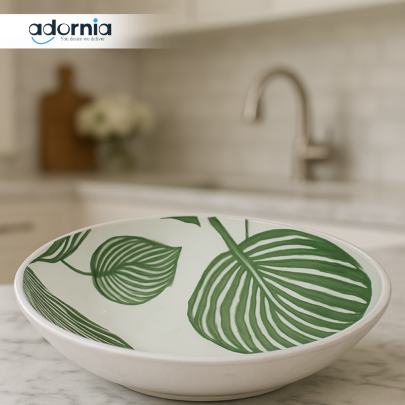 LUXURY CERAMIC DEEP PLATE – GREEN LEAF DESIGN FOR MODERN KITCHEN & TABLETOP DECOR