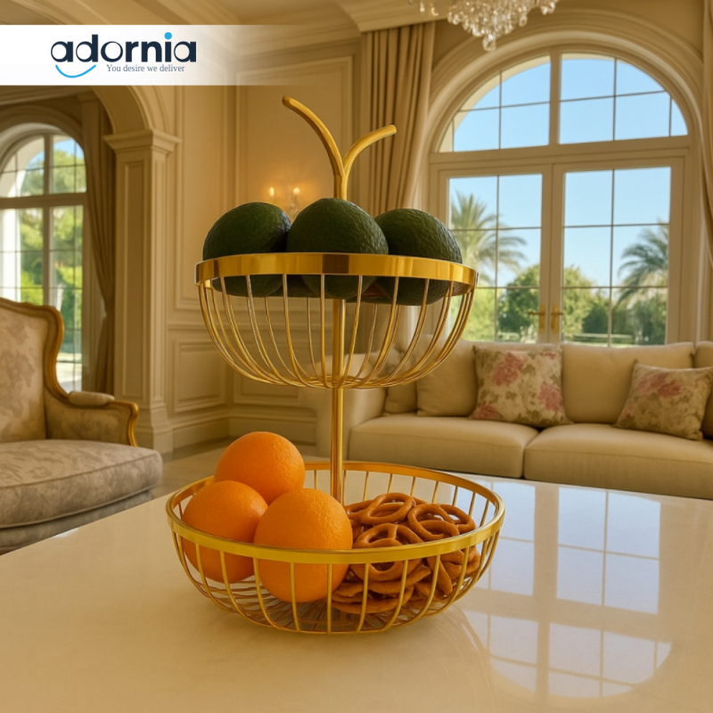 LUXURY 2-TIER GOLD FRUIT & SNACK BASKET – ELEGANT COUNTERTOP ORGANIZER FOR KITCHEN & LIVING ROOM DECOR