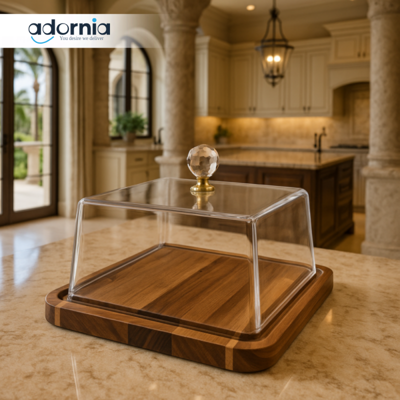LUXURY SQUARE GLASS CAKE DOME WITH WOODEN BASE | ELEGANT DESSERT DISPLAY FOR MODERN KITCHENS