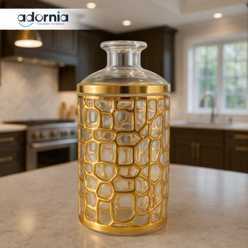 LUXURY GOLD PATTERNED GLASS JAR – DECORATIVE STORAGE CONTAINER FOR KITCHEN, SNACKS & HOME ORGANIZATION