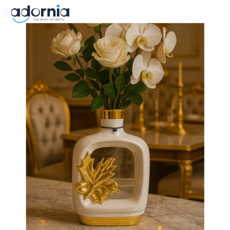 Luxe Maple Leaf Ceramic Vase – White & Gold Accent
