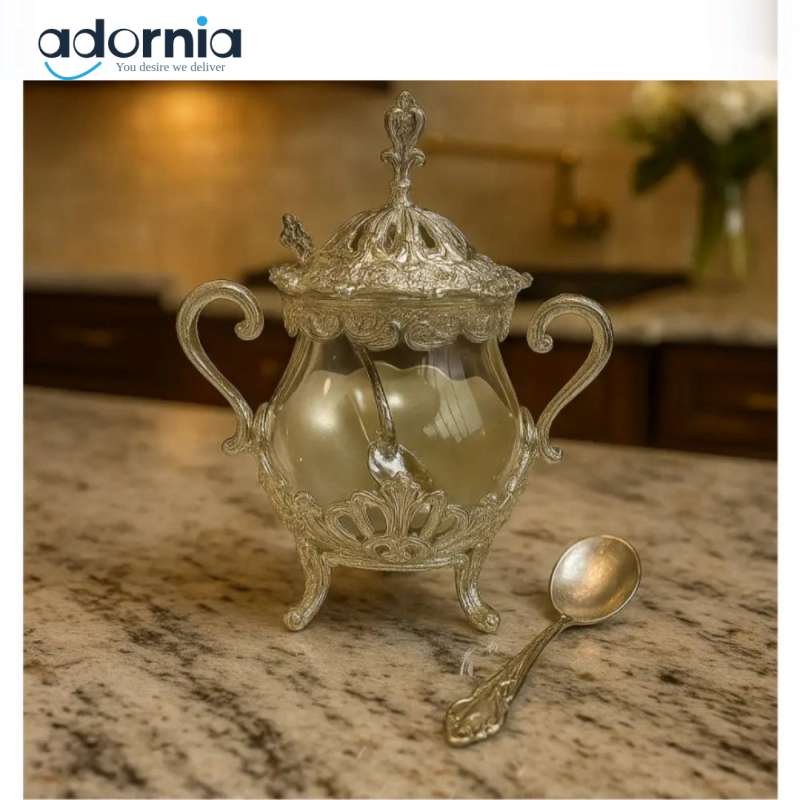 Luxury Silver Glass Dessert & Sugar Jar with Lid – Ornate Serving Bowl
