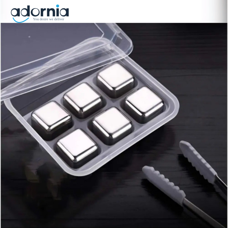 Premium Stainless Steel Reusable Ice Cubes Set – 6 Pieces with Tongs
