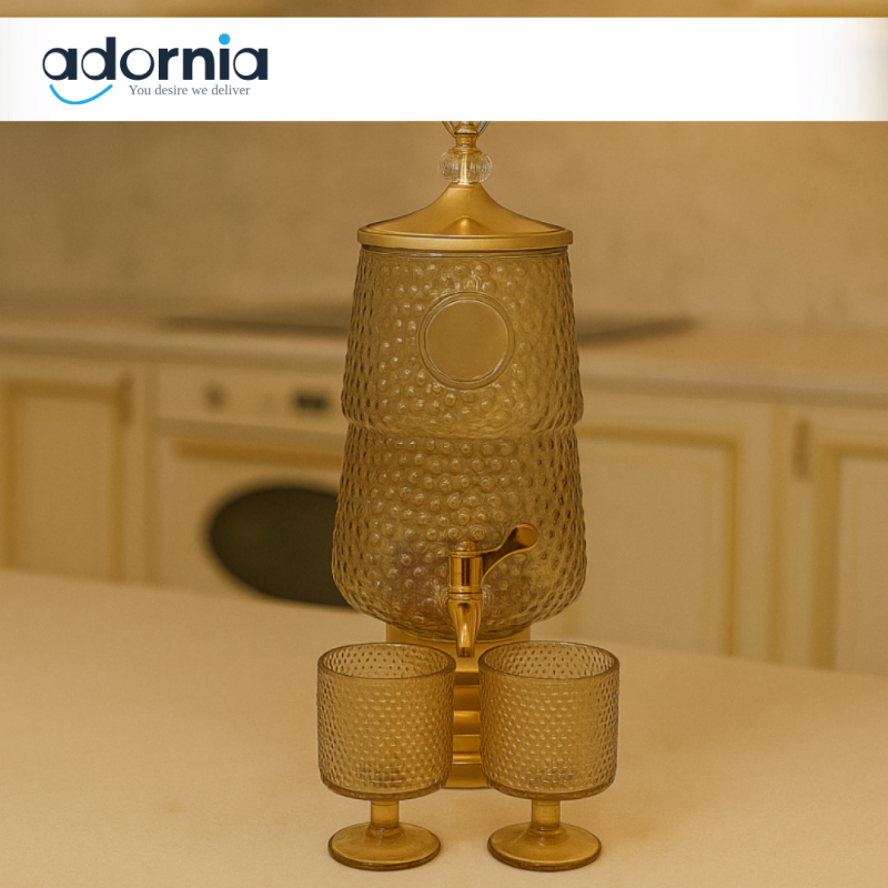 LUXURY AMBER TEXTURED GLASS WATER DISPENSER WITH 6 GOBLET CUPS – GOLD FAUCET & STAND | PREMIUM HOME & KITCHEN SERVER - GOLD
