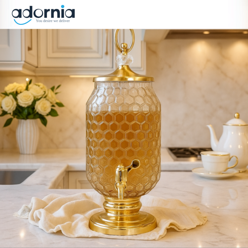 HONEYCOMB DESIGN LUXURY GLASS DISPENSER WITH GOLDEN TAP – ELEGANT JUICE & BEVERAGE SERVER FOR KITCHEN & PARTIES