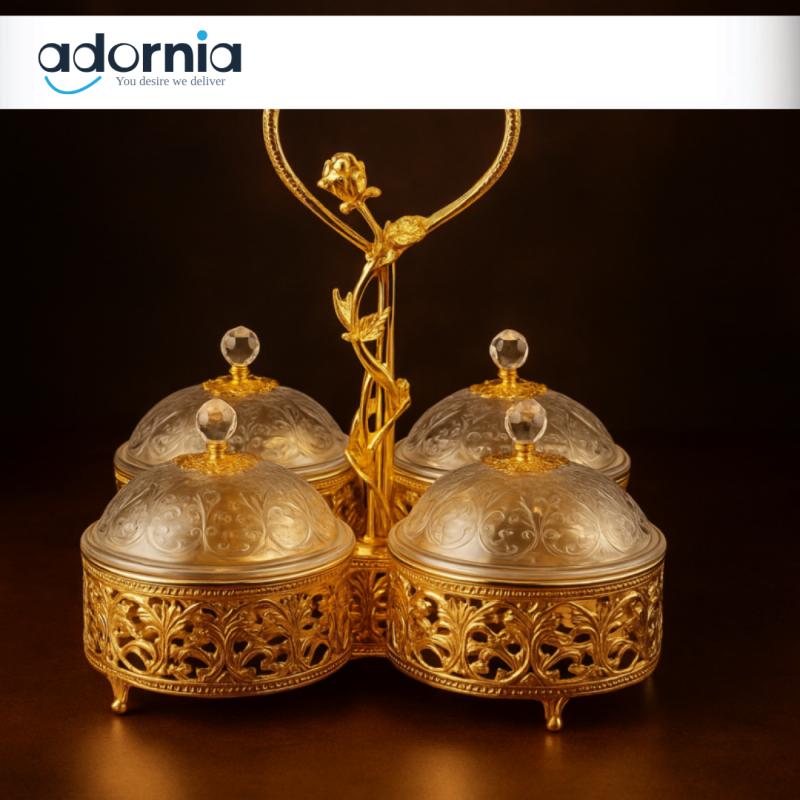 LUXURY CRYSTAL CONDIMENT SET – 4PIECE WITH GOLDEN HEART HANDLE