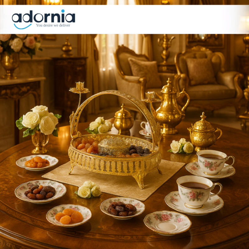 ORNATE GOLD DECORATIVE BASKET WITH LOTUS CANDLE HOLDERS – LUXURY TABLETOP CENTERPIECE FOR VILLA INTERIORS