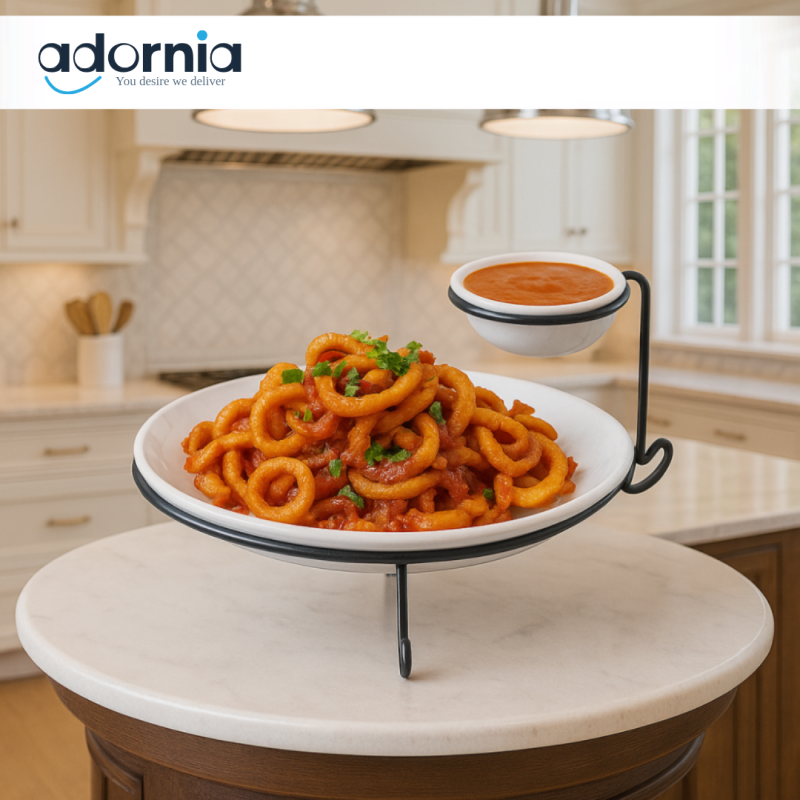 LUXURY CURLY FRIES SNACK STAND WITH SAUCE BOWL – MODERN SERVING PLATTER FOR PARTIES & KITCHENS