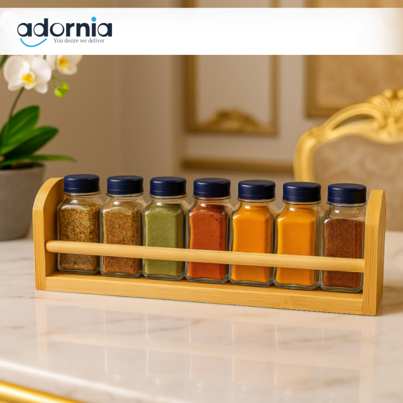 Danny Home 6 Piece Airtight Glass Storage Jar Set with Wooden Rack – Spice Containers for Kitchen Organization