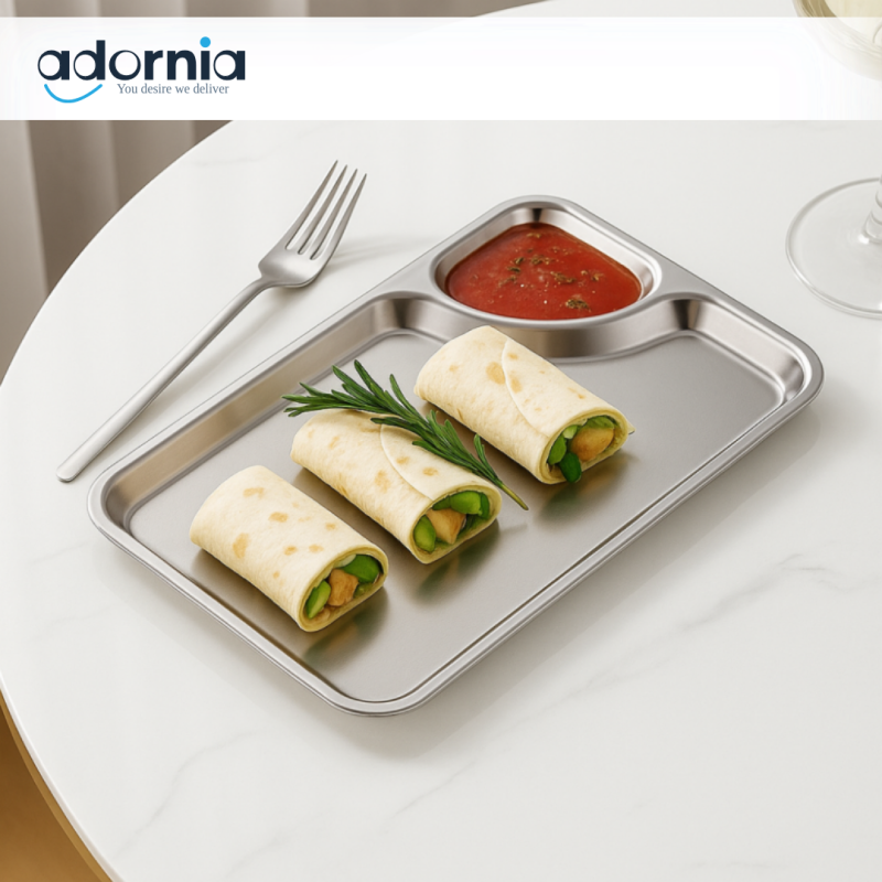 Rectangular Snack Tray with Sauce Section – Elegant Silver Serving Plate for Wraps, Dips & Snacks