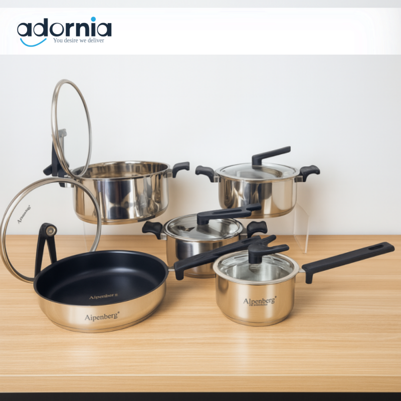 Alpenberg 10-Piece Stainless Steel Cookware Set – Non-Stick Frying Pans & Glass Lid Saucepots for Modern Kitchens