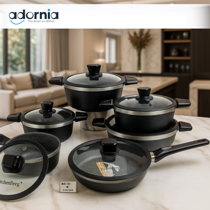 Alpenberg 12-Piece Granite Coated Cookware Set – Non-Stick Cooking Pots & Fry Pans with Glass Lids