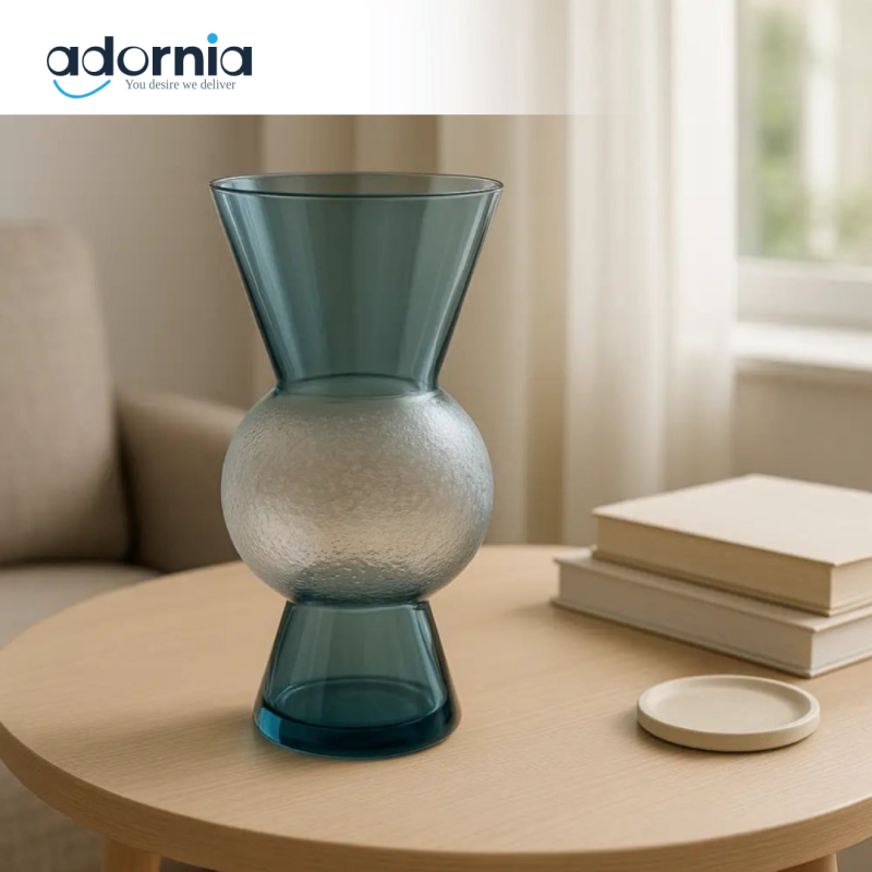 Modern Blue Glass Vase with Hourglass Design & Tulip Display