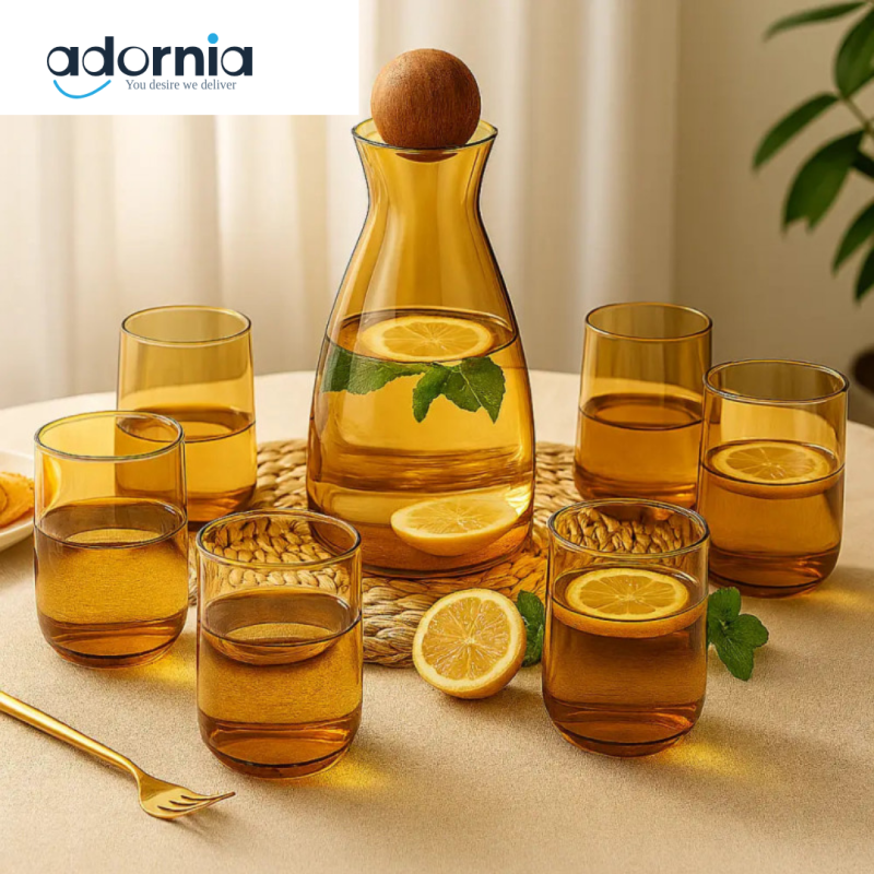 Amber Glass Jug Set – 7-Piece Water & Lemonade Serving Set with Wooden Lid
