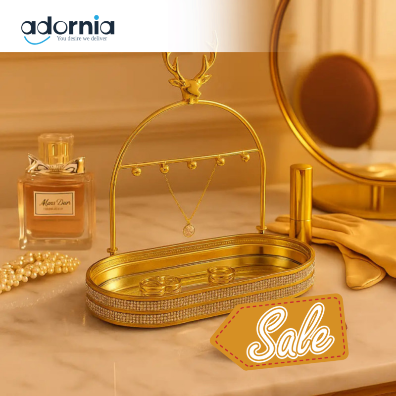 Antler Luxe Gold Jewelry Organizer – Crystal-Encrusted Vanity Tray with Necklace Stand