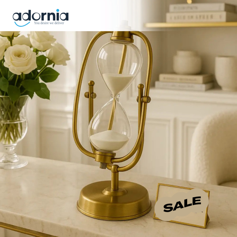Golden Orbit Rotating Hourglass – Brass Frame Desk Timer with White Sand