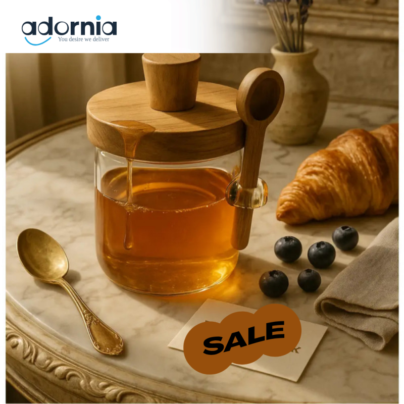 Glass Honey & Spice Jar – Premium Medium Size with Wooden Lid & Spoon