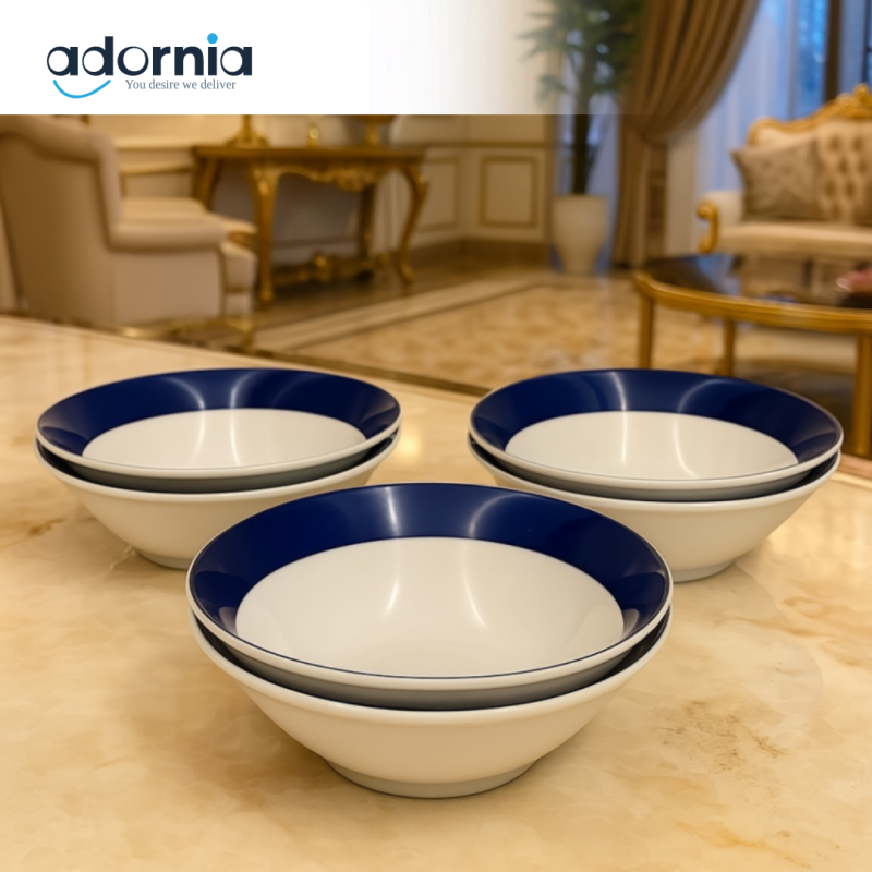 ANGELA SET OF 6 PORCELAIN BOWLS WITH NAVY BLUE RIM – LUXURY DINNERWARE FOR VILLA TABLETOP DISPLAY
