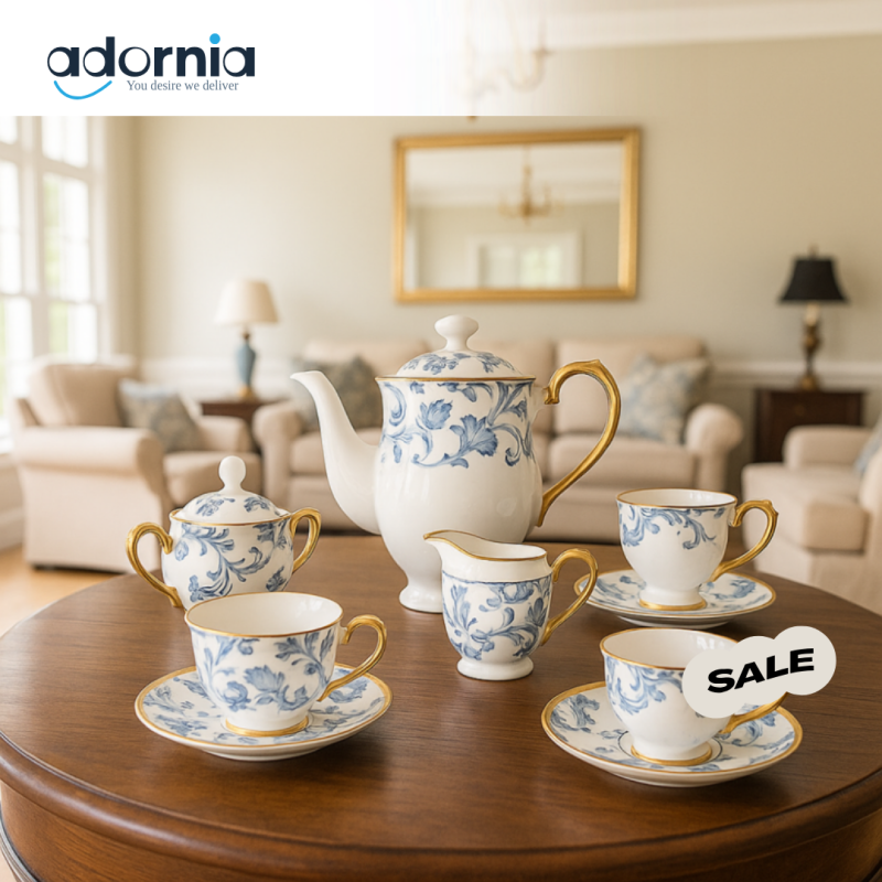 ANGELA 17-Piece Blue Floral Tea Set – Luxury Porcelain Cups & Teapot with Gold Trim | Elegant Villa Tableware Collection