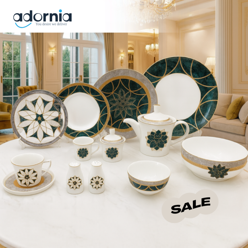 Angela 47-Piece Luxury Porcelain Dinner Set for 6 – Elegant Green & Gold Design | Premium Villa Tableware Collection