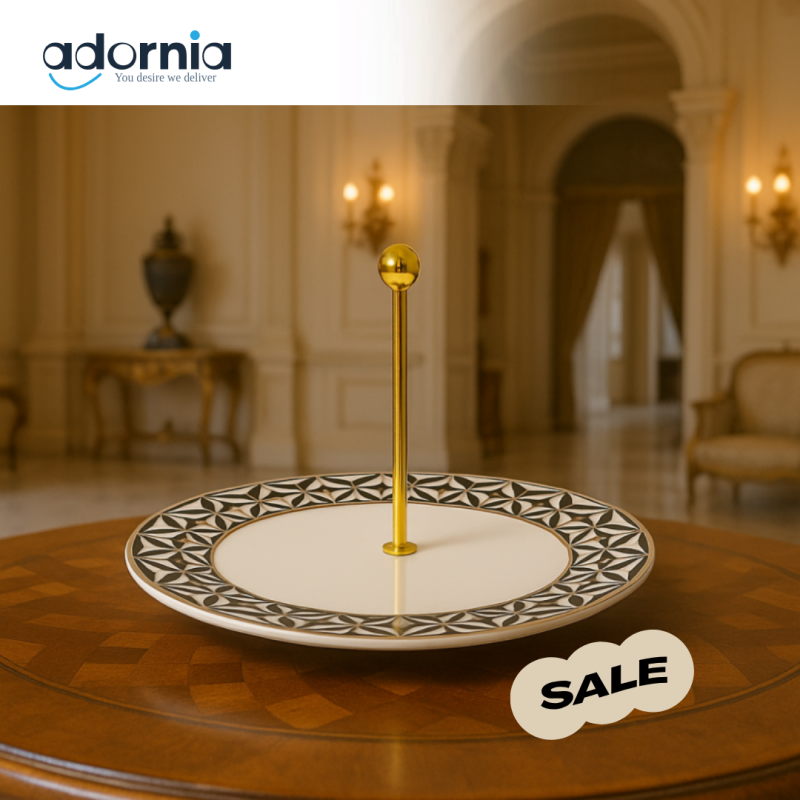 ANGELA SINGLE-TIER SERVING TRAY – BLACK & WHITE GEOMETRIC DESIGN WITH GOLD HANDLE PLATTER