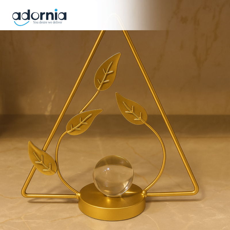 GOLDEN LEAF TRIANGLE DECOR WITH CRYSTAL BALL – LUXURY TABLETOP SCULPTURE
