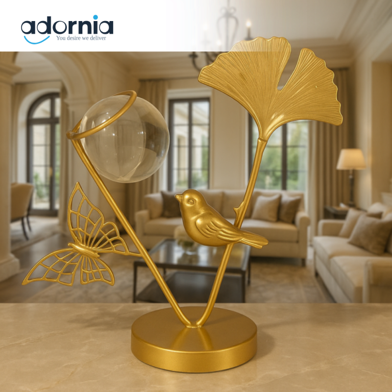 GOLDEN CRYSTAL LEAF & BIRD DECOR – LUXURY TABLETOP SCULPTURE FOR HOME INTERIORS