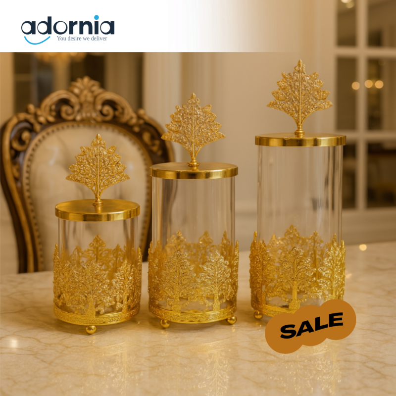 LUXURY GOLD ORNATE STORAGE JAR SET FOR DINING TABLE DECOR